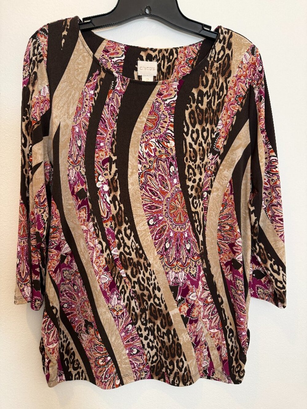 Vintage Chico's Womens 2 Larg Y2K Mixed Print Blouse Leopard Boho Paisley Top